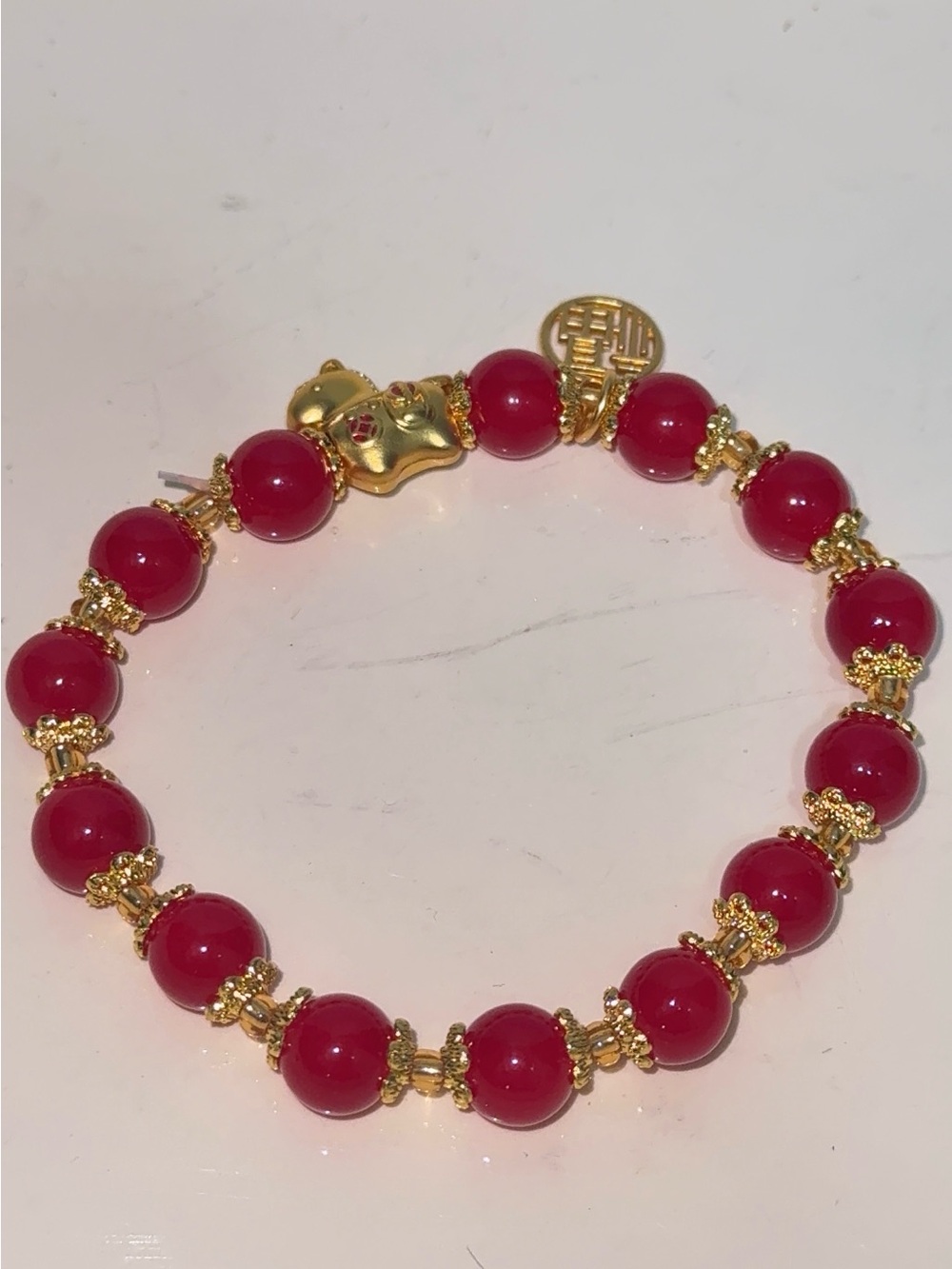 Red Jade Beaded Bracelet Gold Chinese Fu Character Good Luck Charm